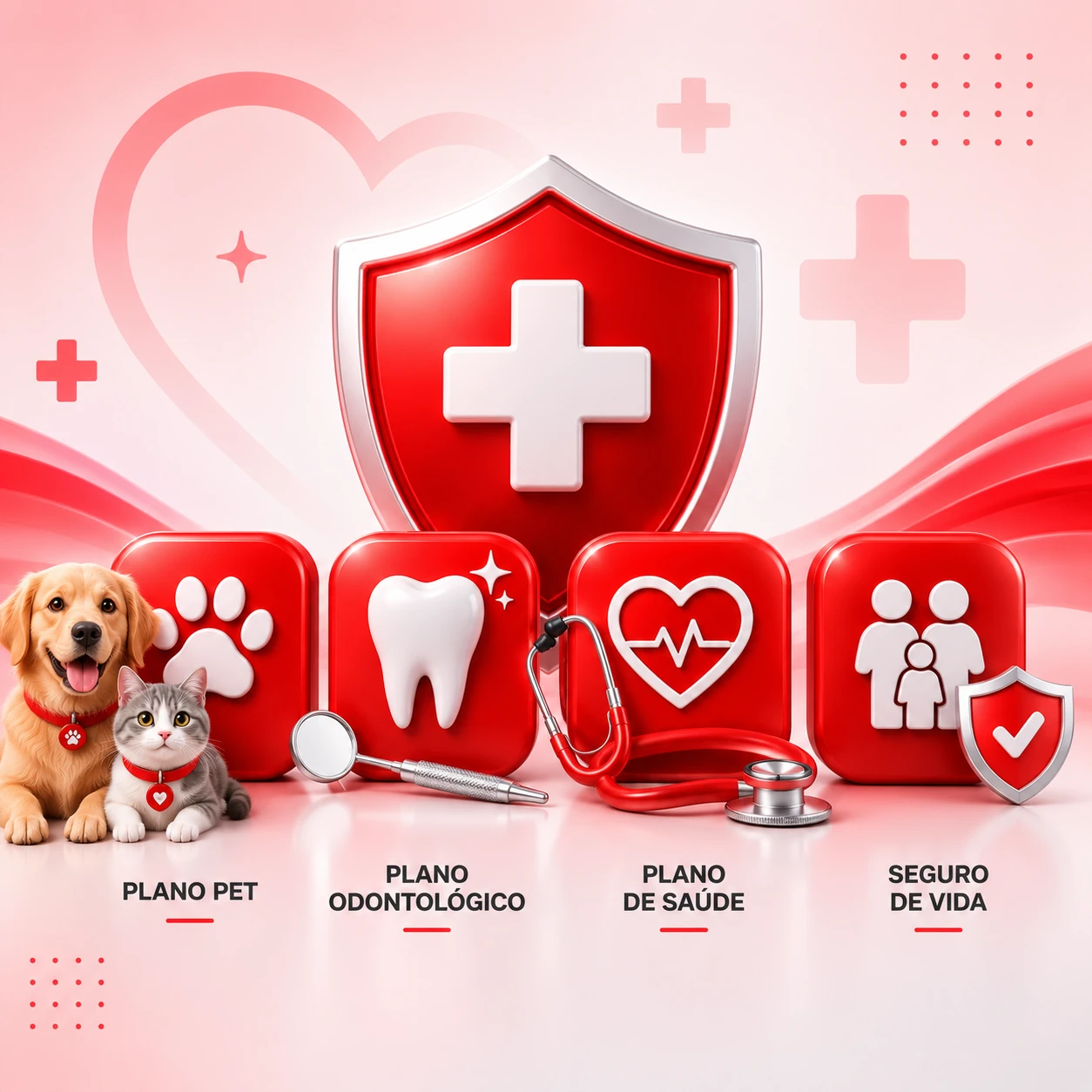 Ilustração com representação de plano pet, odontológico, saúde e seguro de vida