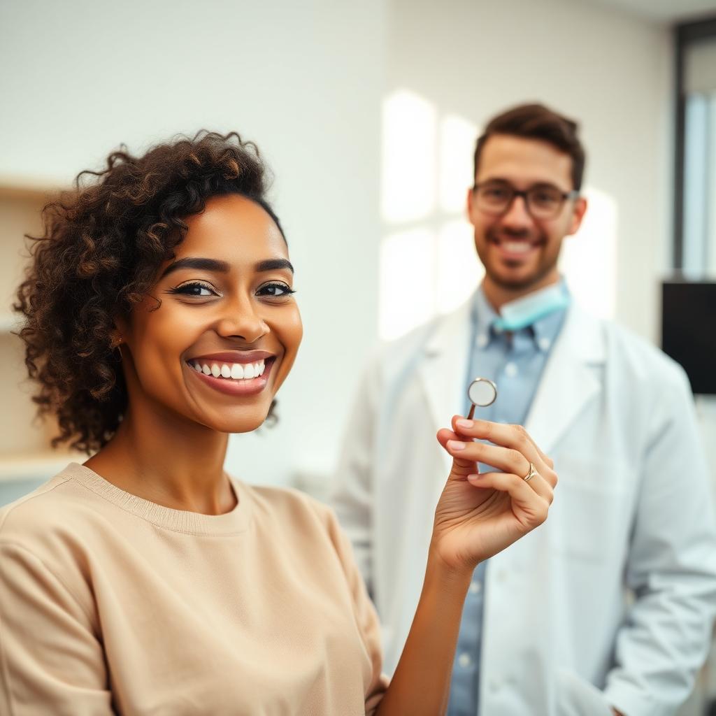 Mulher sorrindo com dentista representando saúde bucal
